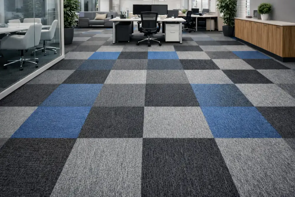 Mavi, gri ve siyah karo halı döşeli ofis